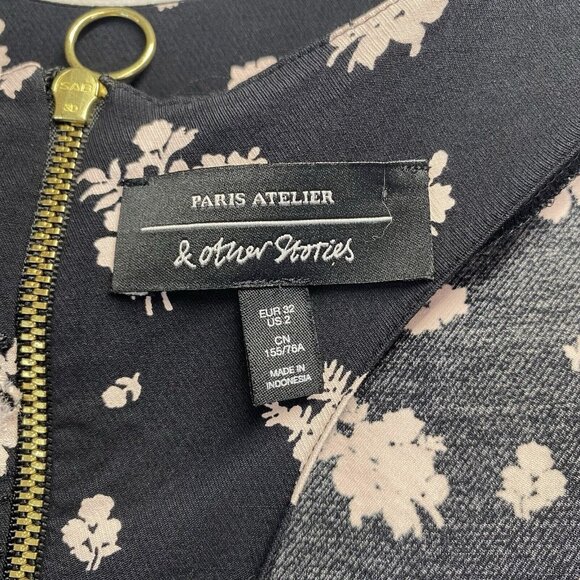Paris Atelier & Other Stories Round Neck Cap Sleeve Shift Dress Sz2 Black Floral - Picture 7 of 16